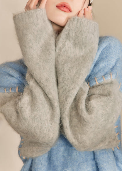 Loose Blue O-neck Patchwork Thick Cotton Knit Sweaters Winter