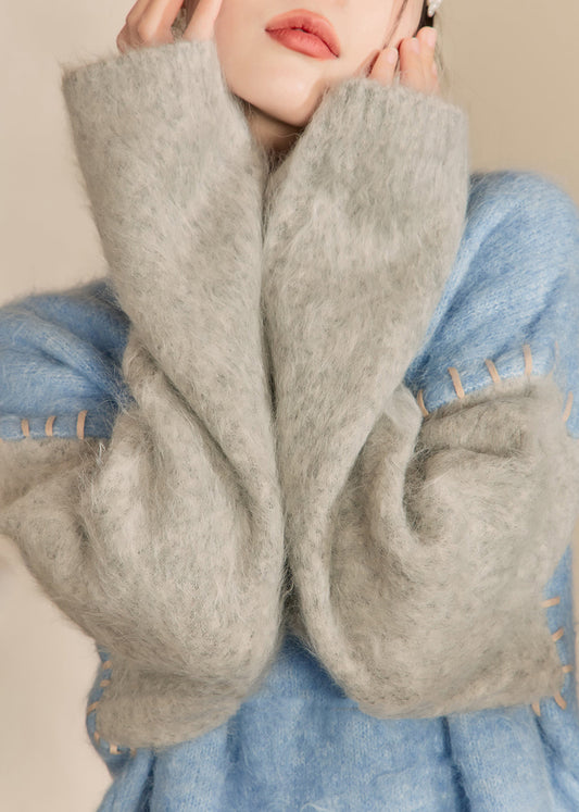 Loose Blue O-neck Patchwork Thick Cotton Knit Sweaters Winter