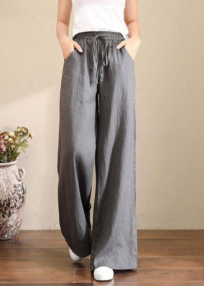French Brown Geometry Elastic Waist Pockets Linen Wide Leg Pants Summer