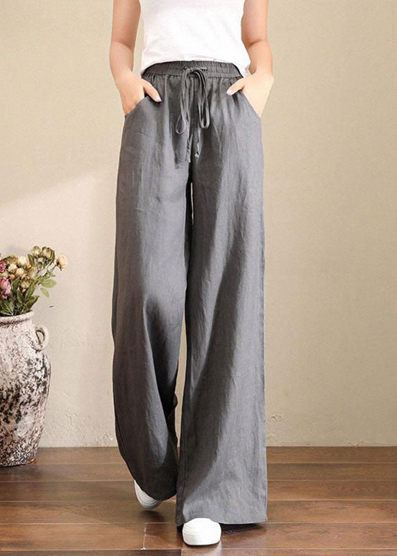 French Black Bird Elastic Waist Pockets Linen Wide Leg Pants Summer