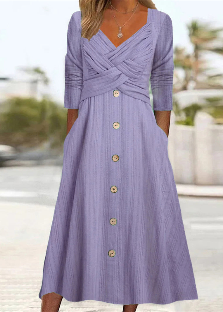 Green Button Pockets Wrinkled Cotton Dress Summer