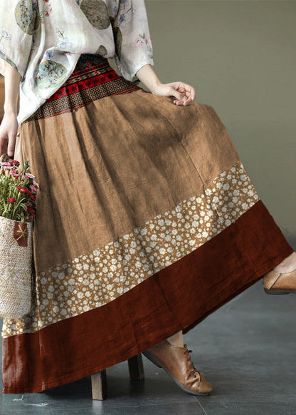 Green Print Ramie Elastic Waist Skirt