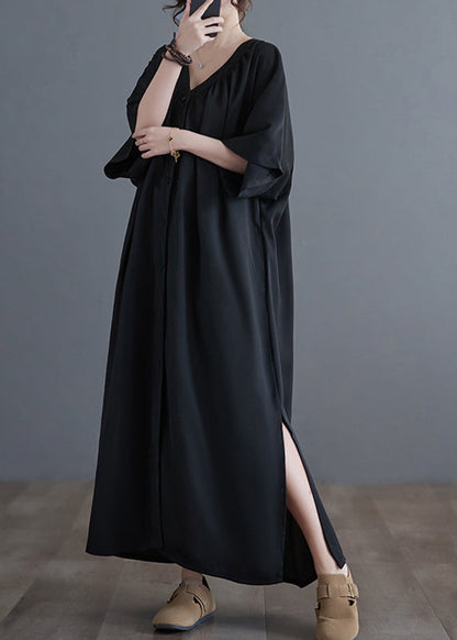 Black V Neck Wrinkled Maxi Dresses Summer