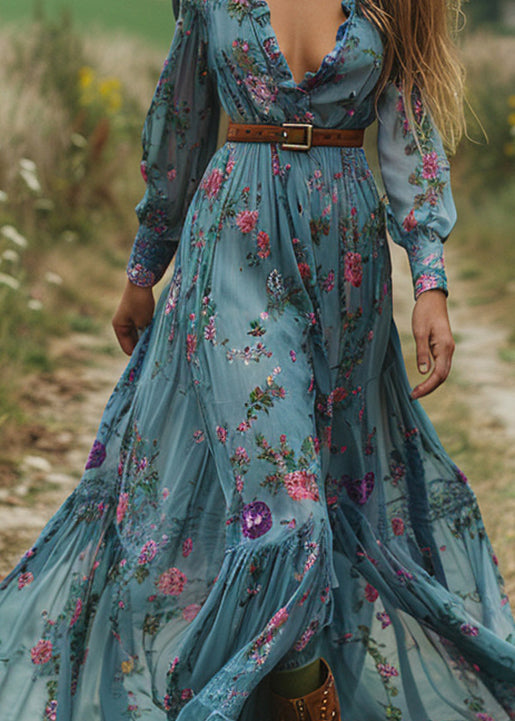 Blue Ruffled Print Patchwork Cotton Long Dress Fall
