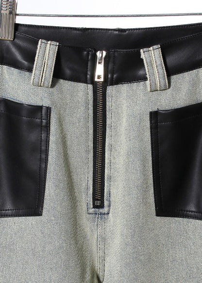 Pockets Faux Leather Patchwork Denim Wide Leg Pants Fall