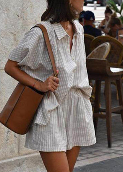 Loose Khaki Peter Pan Collar Striped Shirts and Shorts Two Pieces Set Short Sleeve
