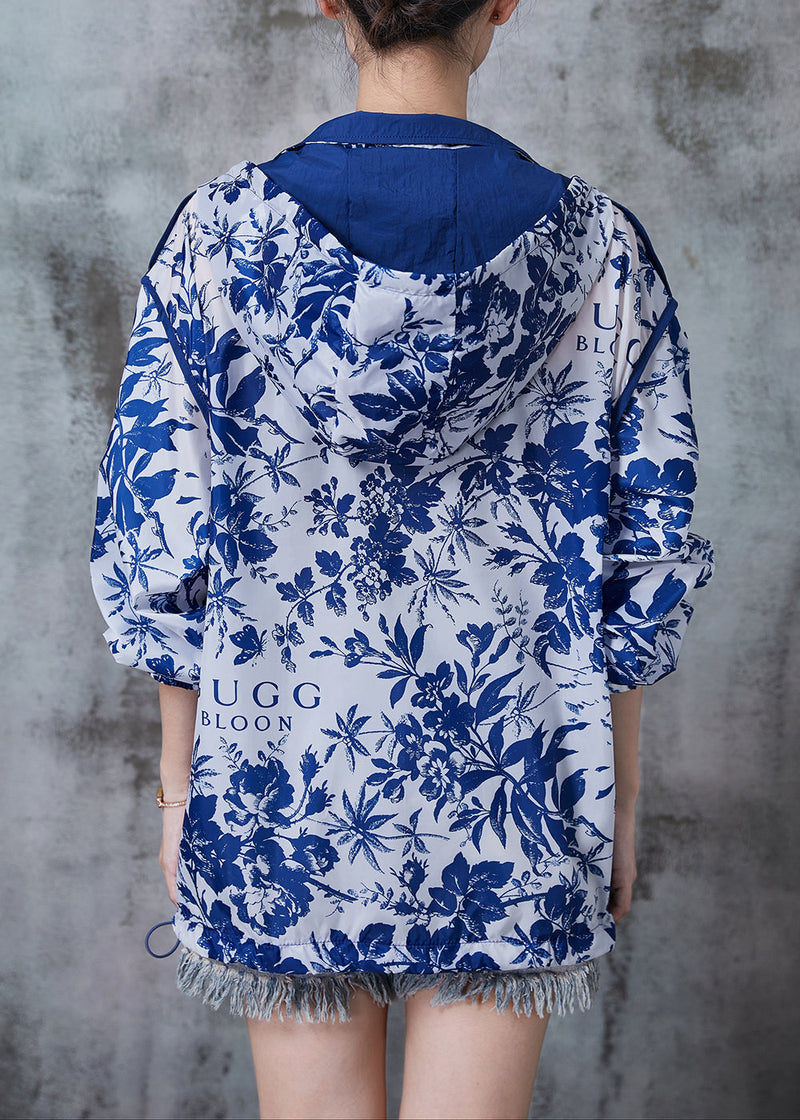 Blue Hooded Print Spandex Coat Outwear Fall