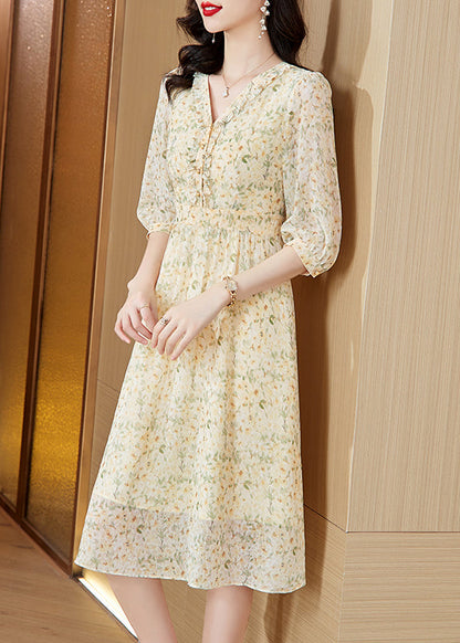 Light Yellow V Neck Print Chiffon Dresses Summer