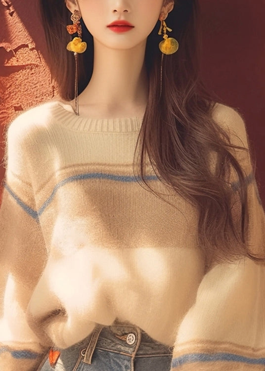 Apricot O Neck Cozy Patchwork Knit Sweater Winter