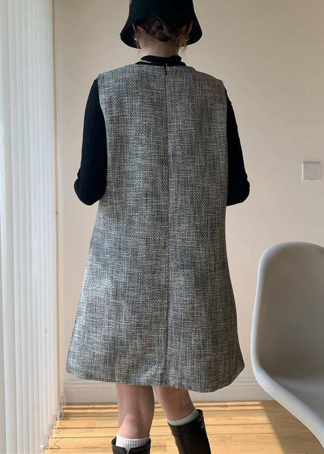 French Dark Gray Bow Dress and Black Tops Cotton Two Piece Set Winter