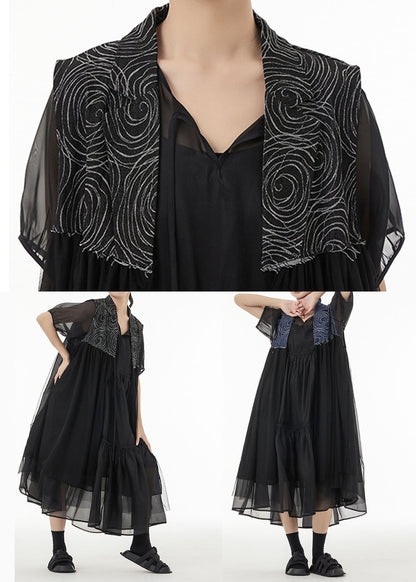 Blue Oversized Denim Patchwork Chiffon Cardigans Sleeveless