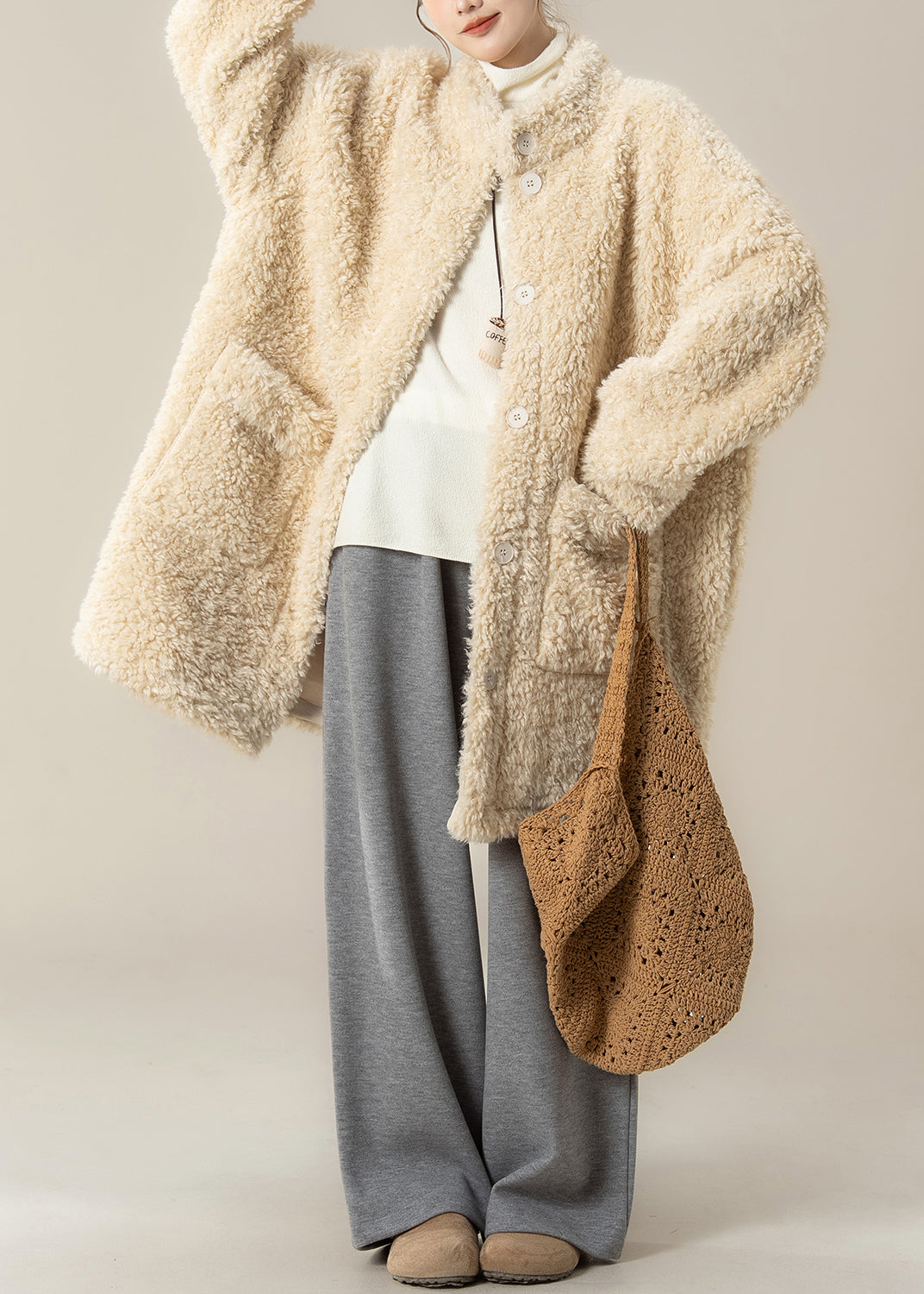 Apricot Stand Collar Pockets Teddy Coat Winter