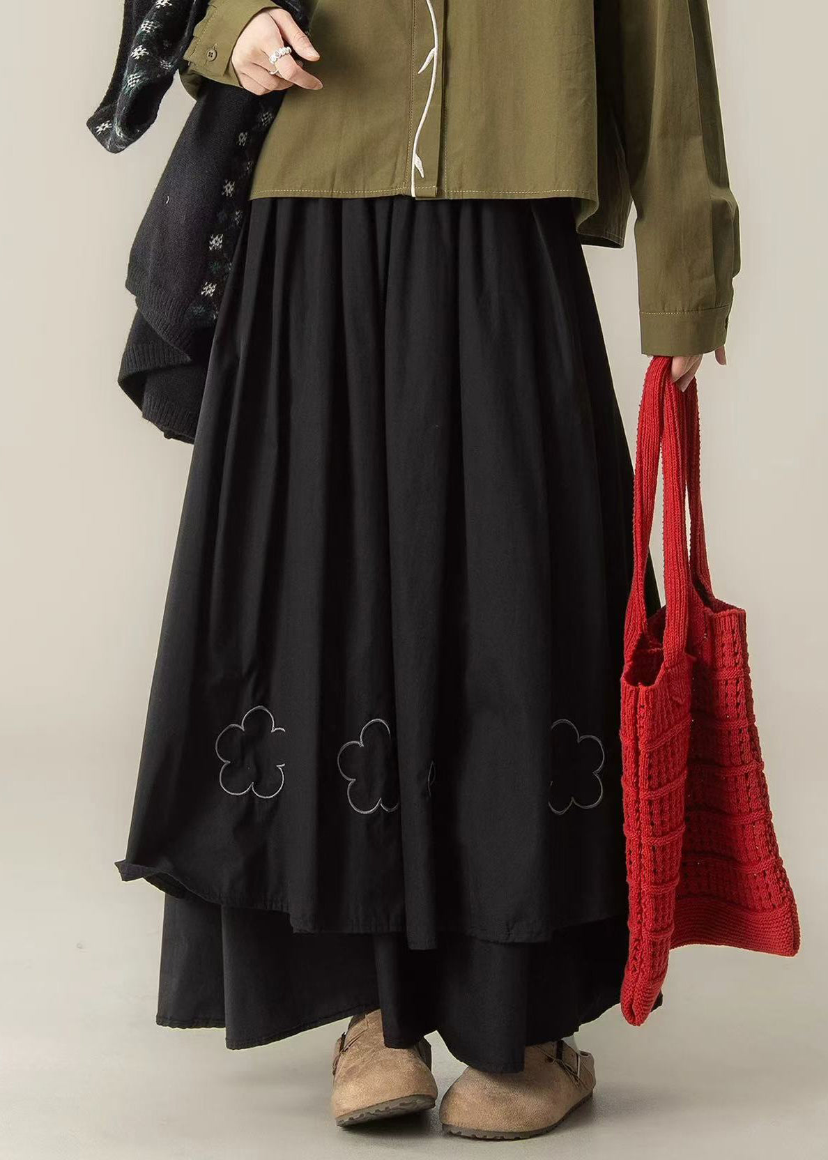Black Embroidered Layered Cotton Holiday Skirts Spring