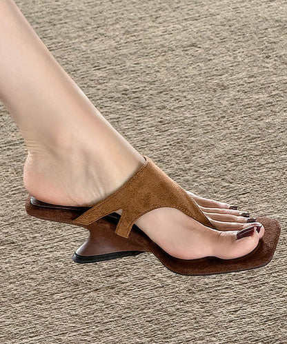 Stylish Brown Suede Square Toe Wedge Flip Flops