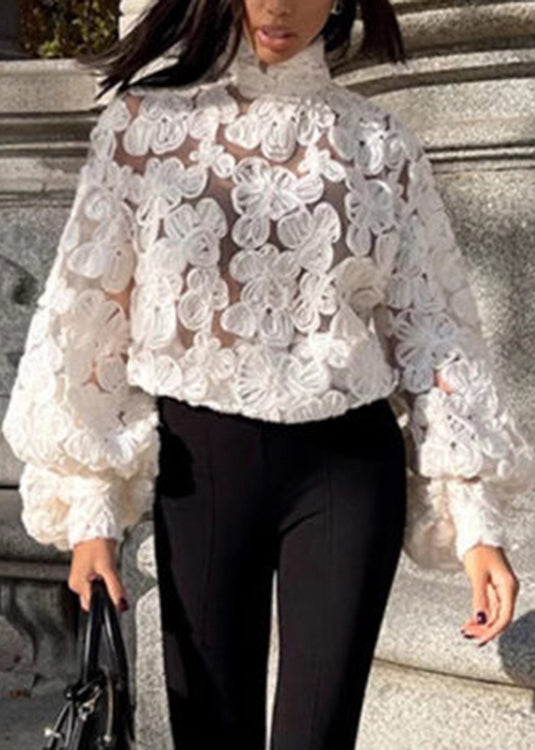 White Notched Lace Top Lantern Sleeve