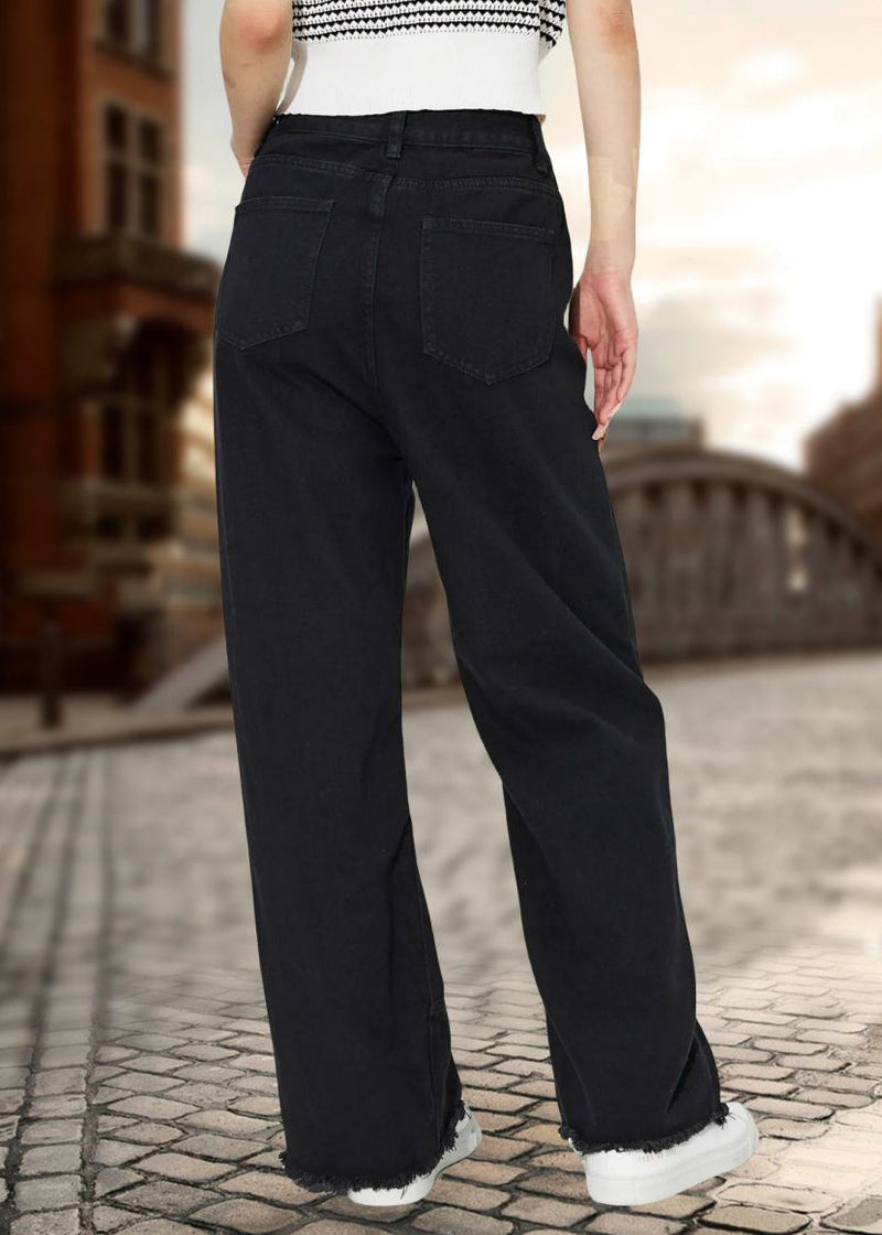Black Pockets Pearl Straight Denim Pants Fall