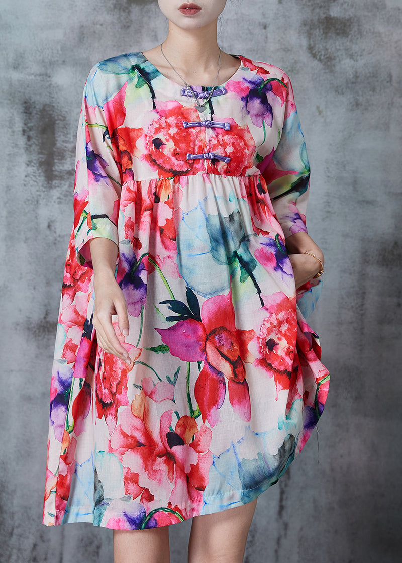 Pink Print Cotton Work Dress Chinese Button Summer