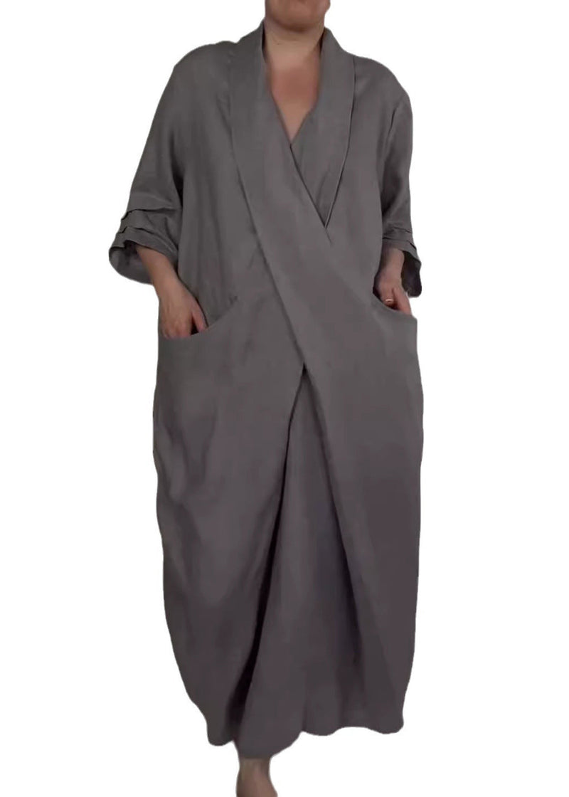 Loose White V Neck Pockets Patchwork Cotton Dress Fall