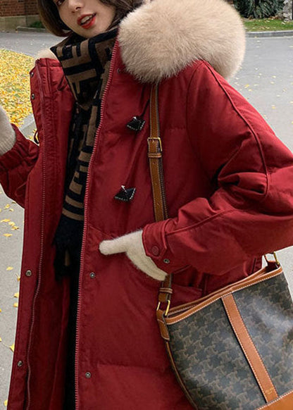 Classy Red Hooded Fur Collar Thick Duck Down Jacket in Winter