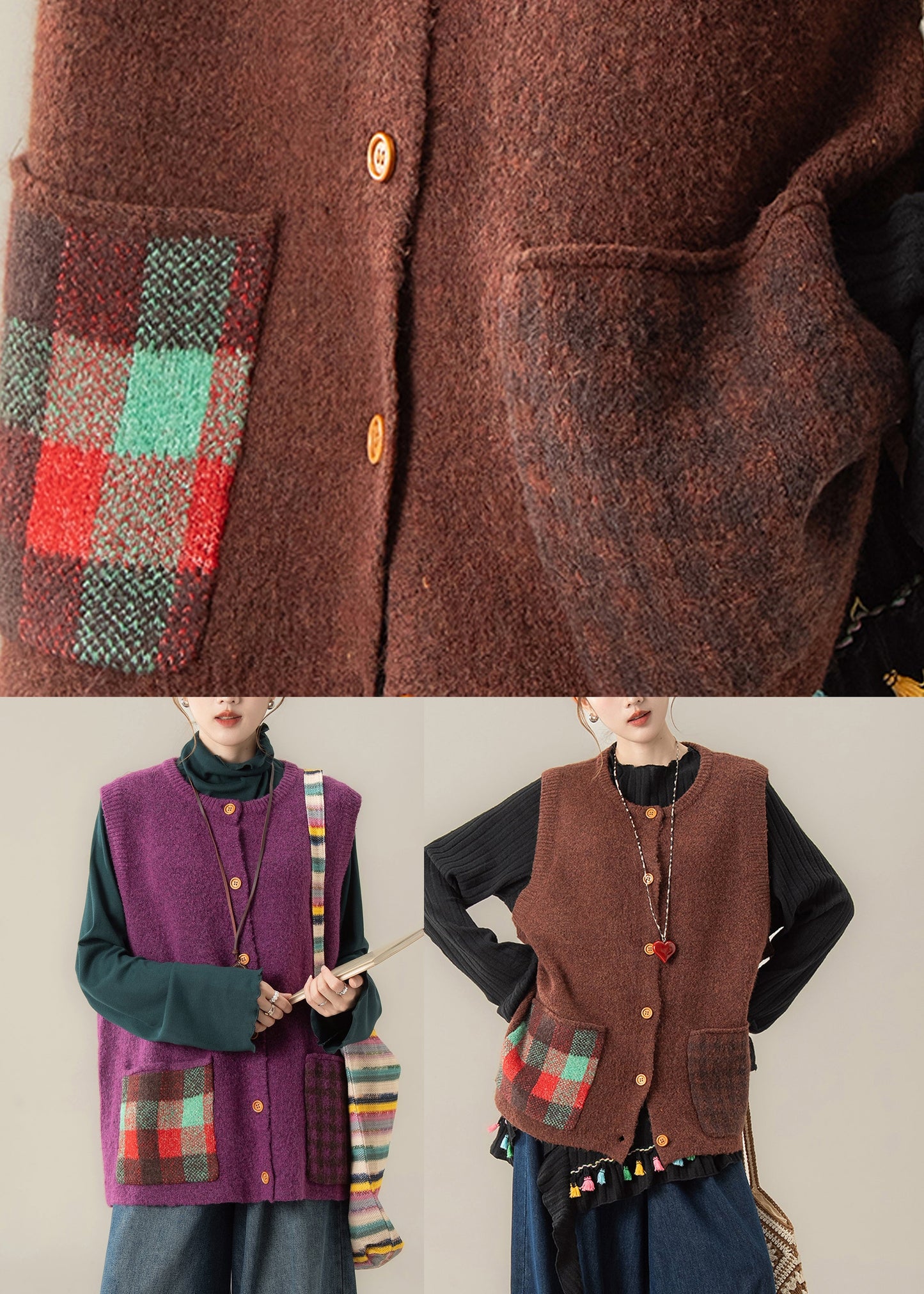 Purple Patchwork Button Cozy Cotton Knit Waistcoat Winter