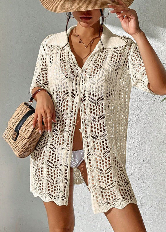 Apricot Hollow Out Knit Beach Bikini Swimsuit Cover Up