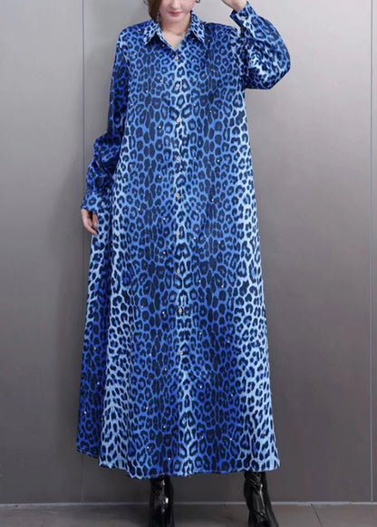 Blue Leopard Peter Pan Collar Maxi Shirts Dress Spring