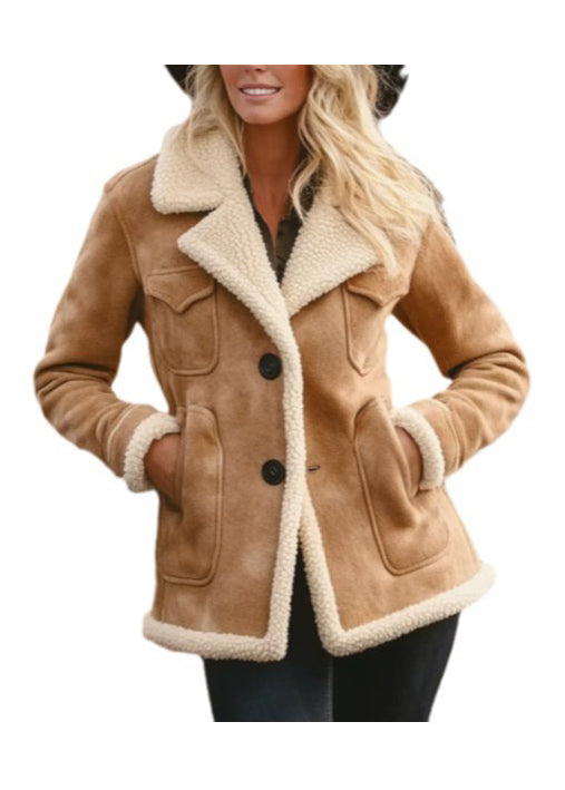 Organic Khaki Peter Pan Collar Faux Suede Fleece Wool Lined Jacket Spring
