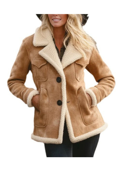 Organic Khaki Peter Pan Collar Faux Suede Fleece Wool Lined Jacket Spring