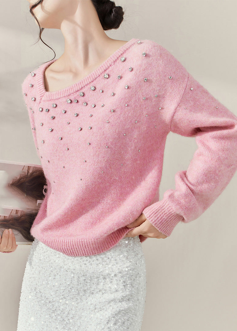 Pink O-neck Nail Bead Cozy Cotton Knit Sweater Fall