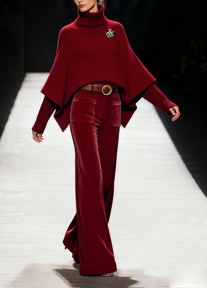Stylish Red Hign Neck Knit Sweaters and Velvet Pants Two Piece Set Spring