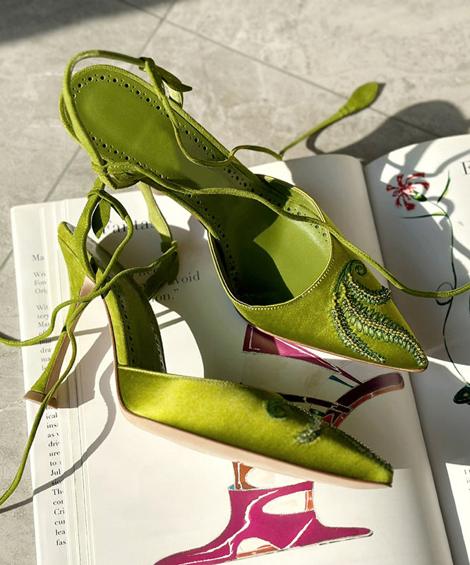 Splicing Stiletto High Heels Green Lace Up Embroidered