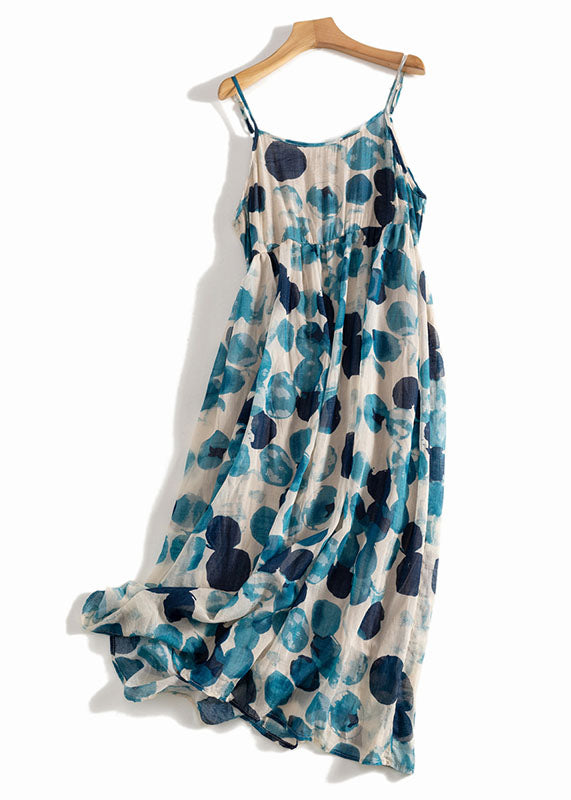 Green Tie Dye Dot Print Exra Large Hem Linen Spaghetti Strap Dress Summer