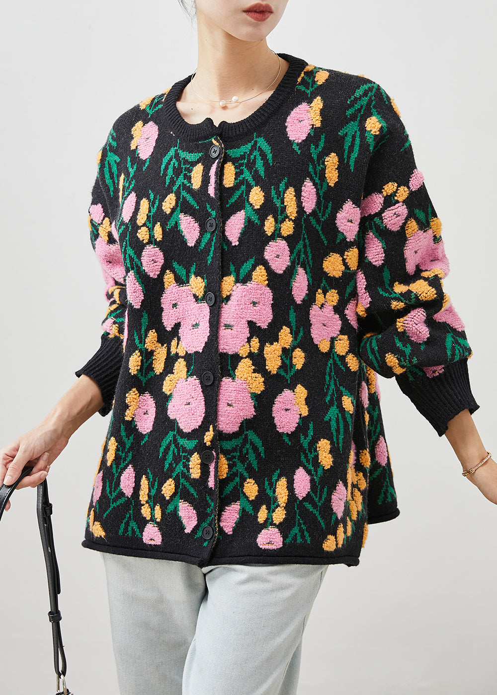 Black Jacquard Knit Cardigan O-neck Winter