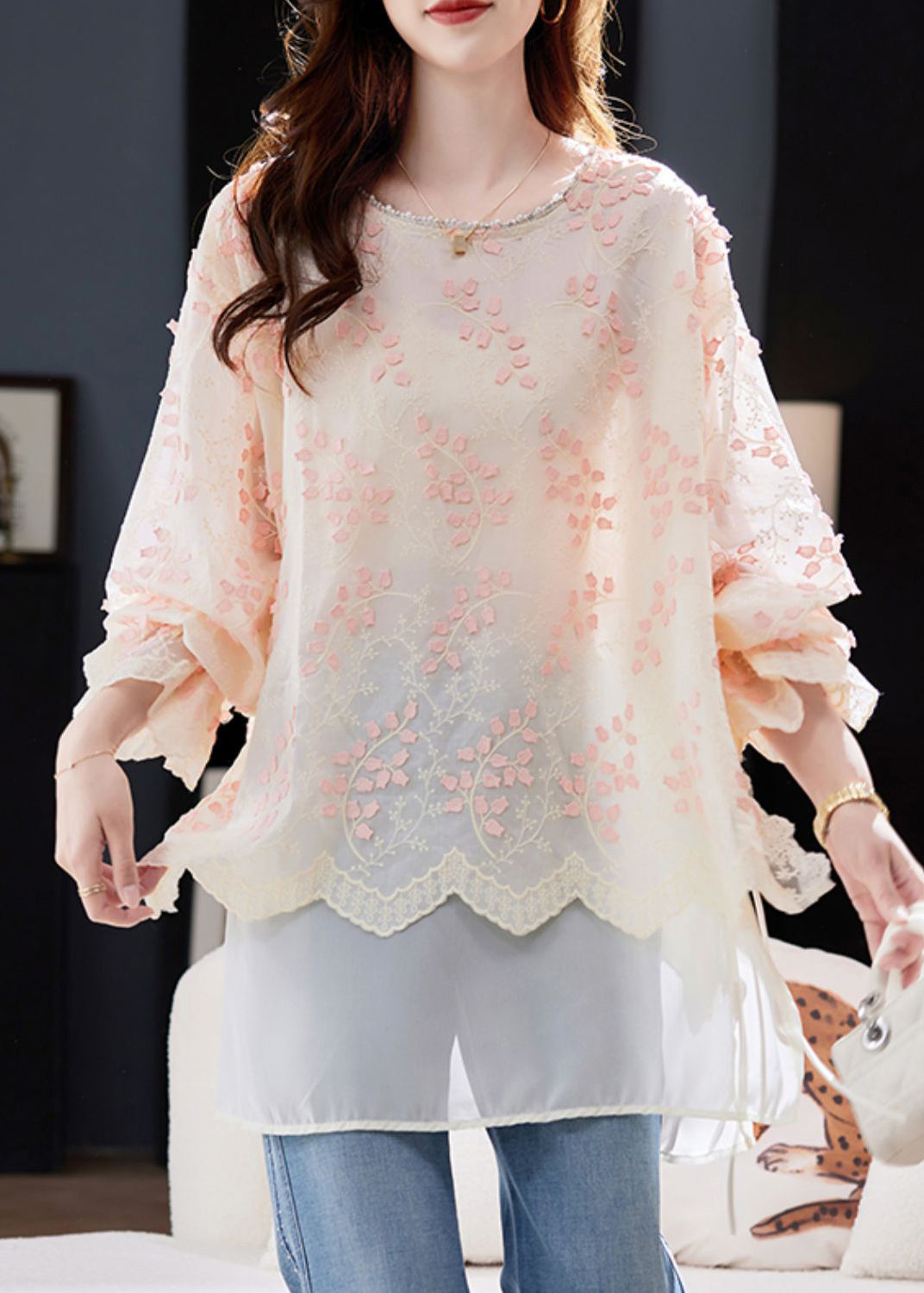 Fitted Pink O Neck Embroidered Patchwork Chiffon Tops Spring