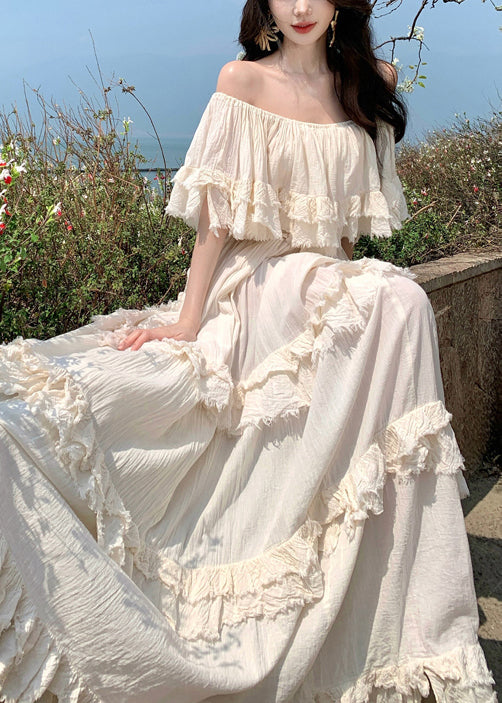 Apricot Slash Neck Ruffled Cotton Exra Large Hem Dress Summer