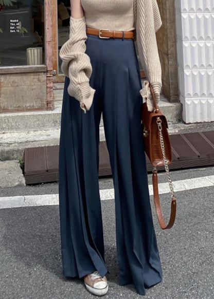Navy Wrinkled Spandex Wide Leg Pants High Waist