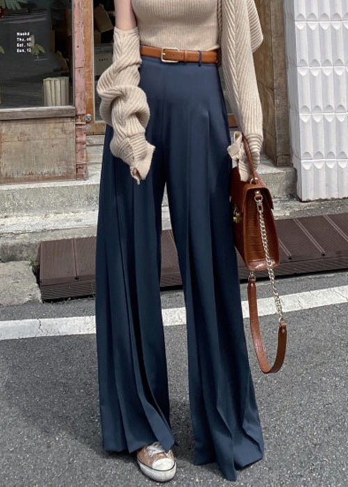 Navy Wrinkled Spandex Wide Leg Pants High Waist