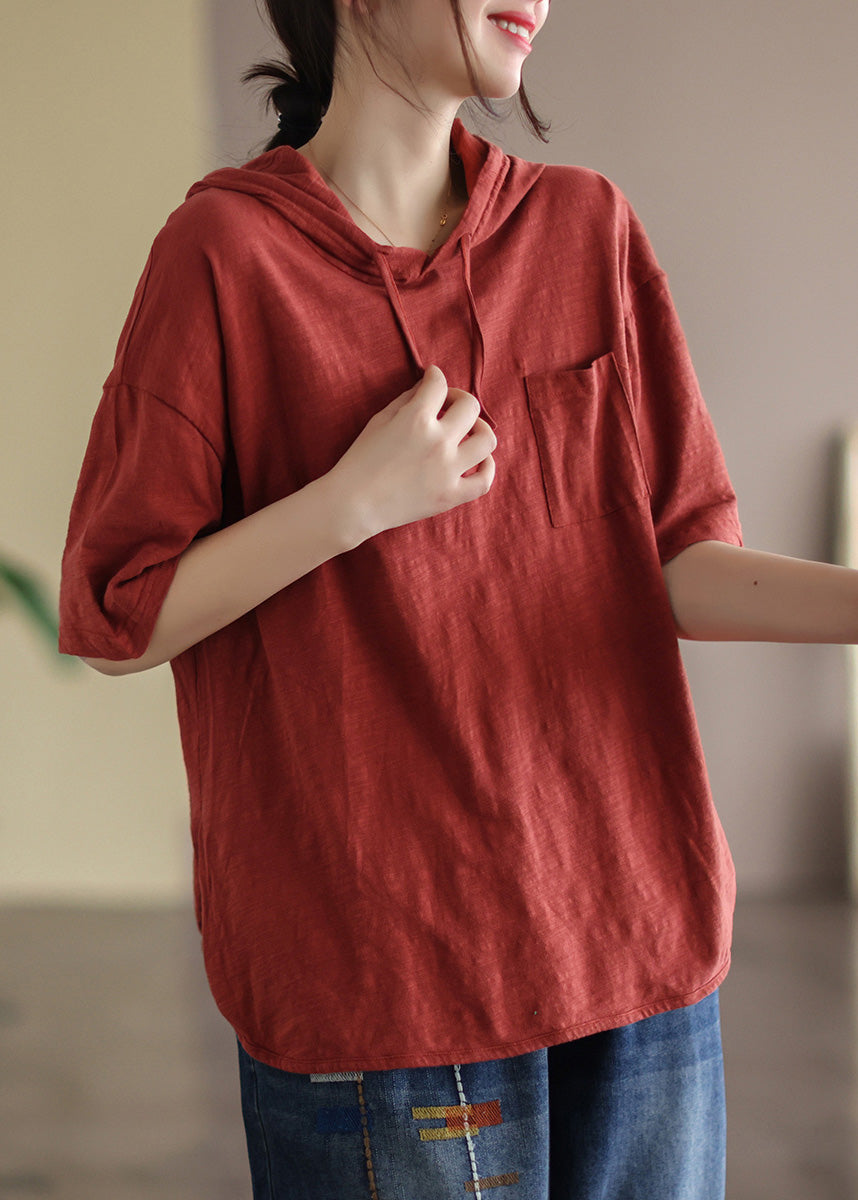 Red Drawstring Cotton Hooded T Shirt Summer