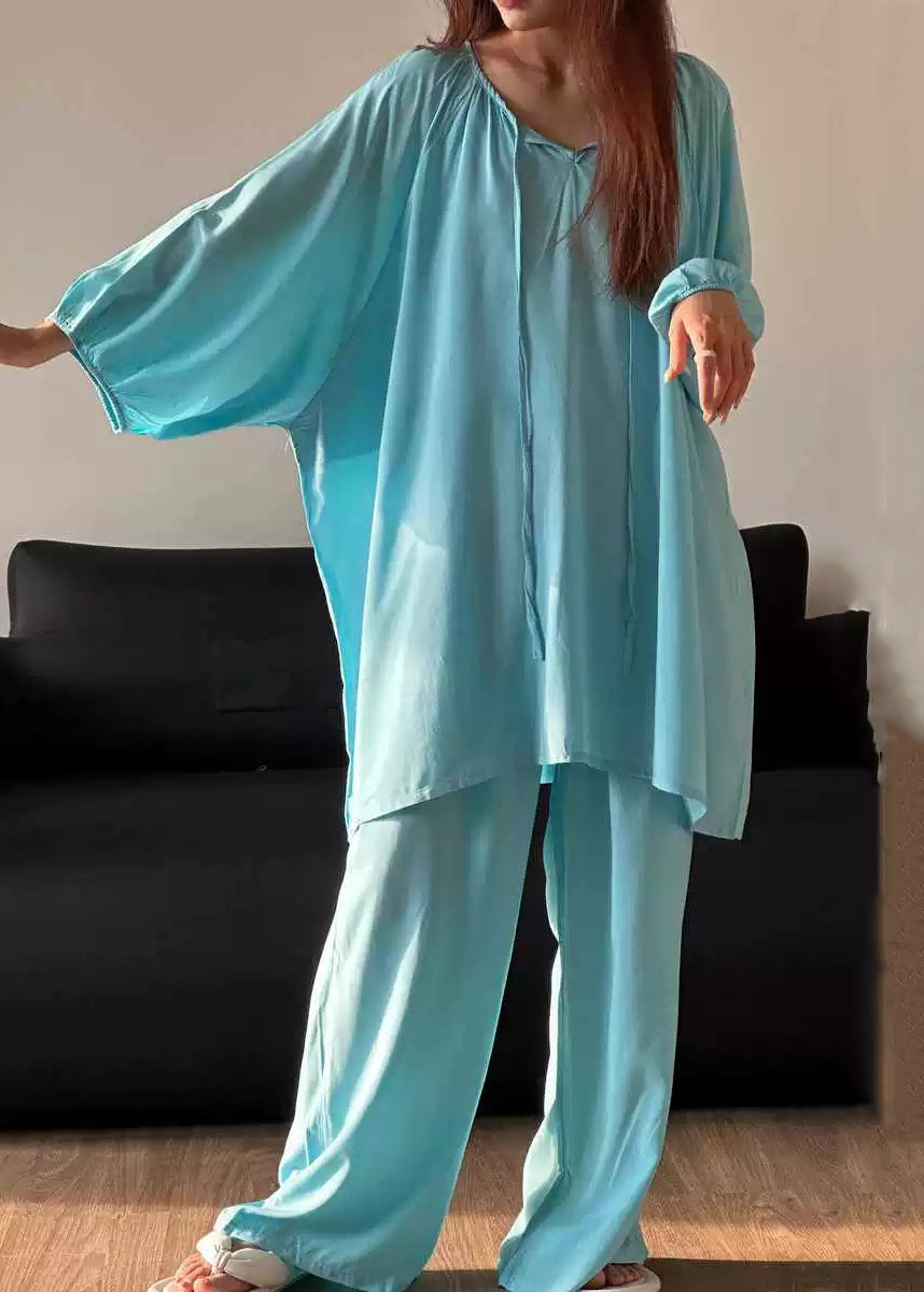 Simple Blue O Neck Lace Up Cotton Pajamas Two Piece Set Fall