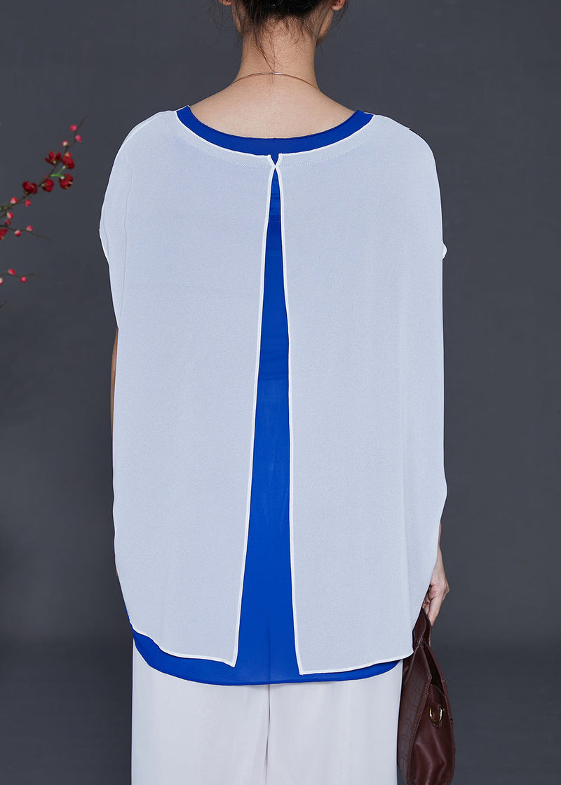 White Print Chiffon Fake Two Piece Tops Summer