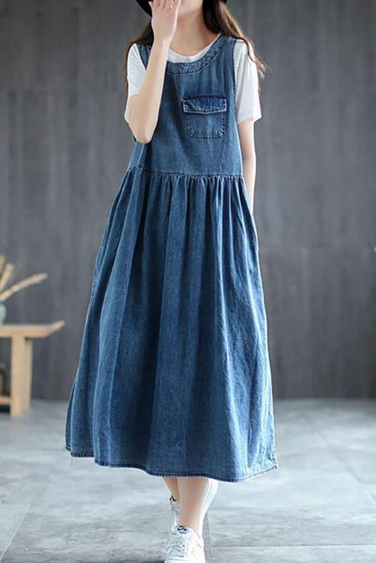 Denim Pleated Long Sleeveless Pinafore Dress