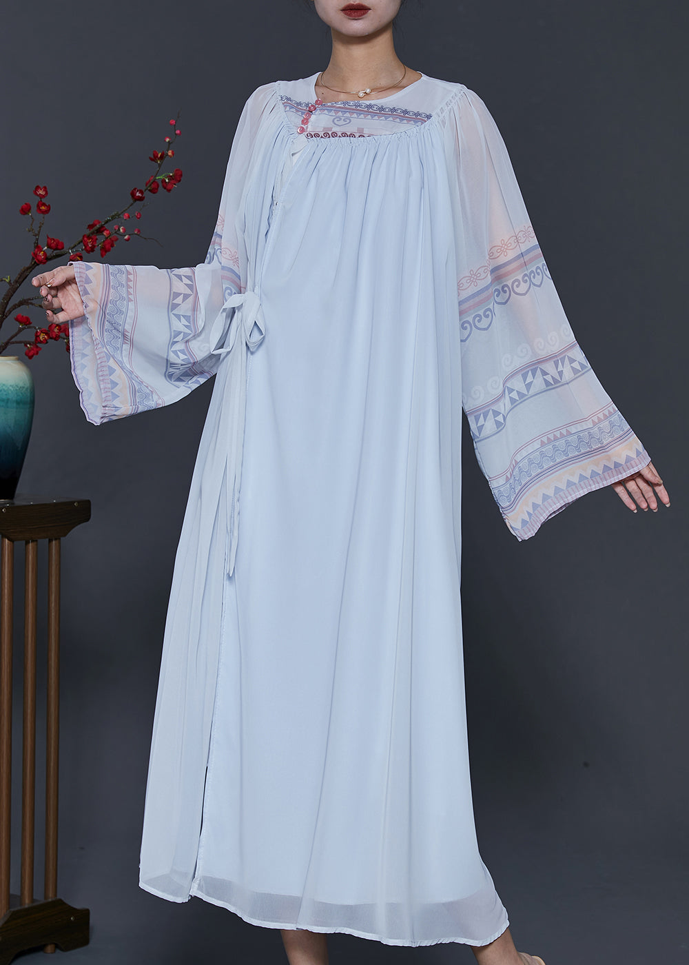 Style Sky Blue Oversized Lace Up Chiffon Dress Summer