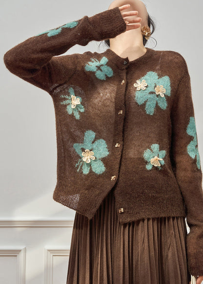 Coffee O-neck Patchwork Button Cotton Knit Cardigan Fall