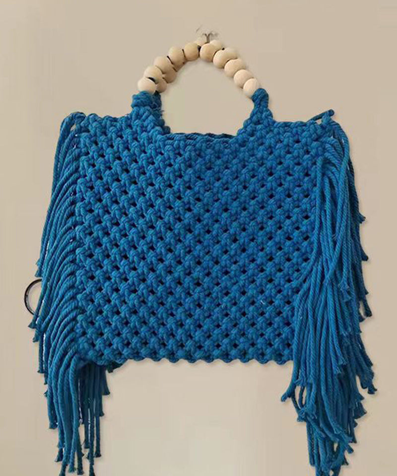 Blue Tasseled Hollow Out Knit Tote Handbag
