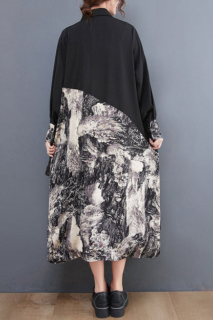 Spring Stitching Print Ruffled Long Dress