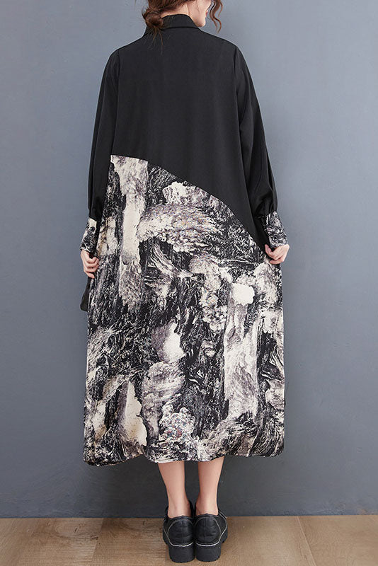 Spring Stitching Print Ruffled Long Dress