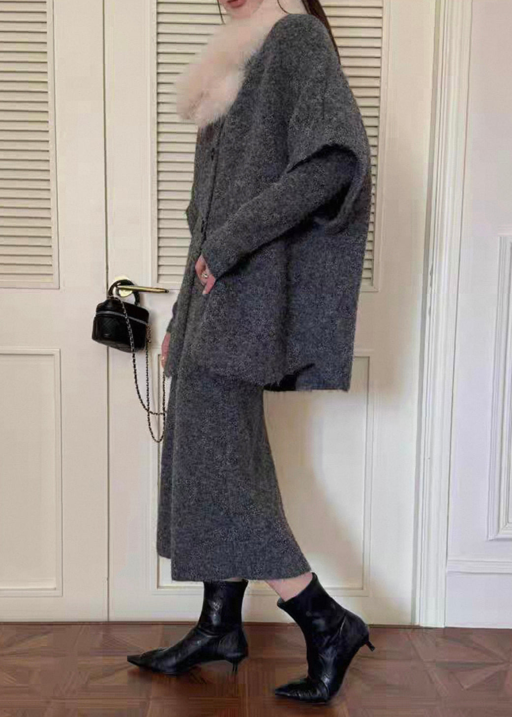 Grey Cozy Knit Three Piece Set Fur Collar Batwing Sleeve