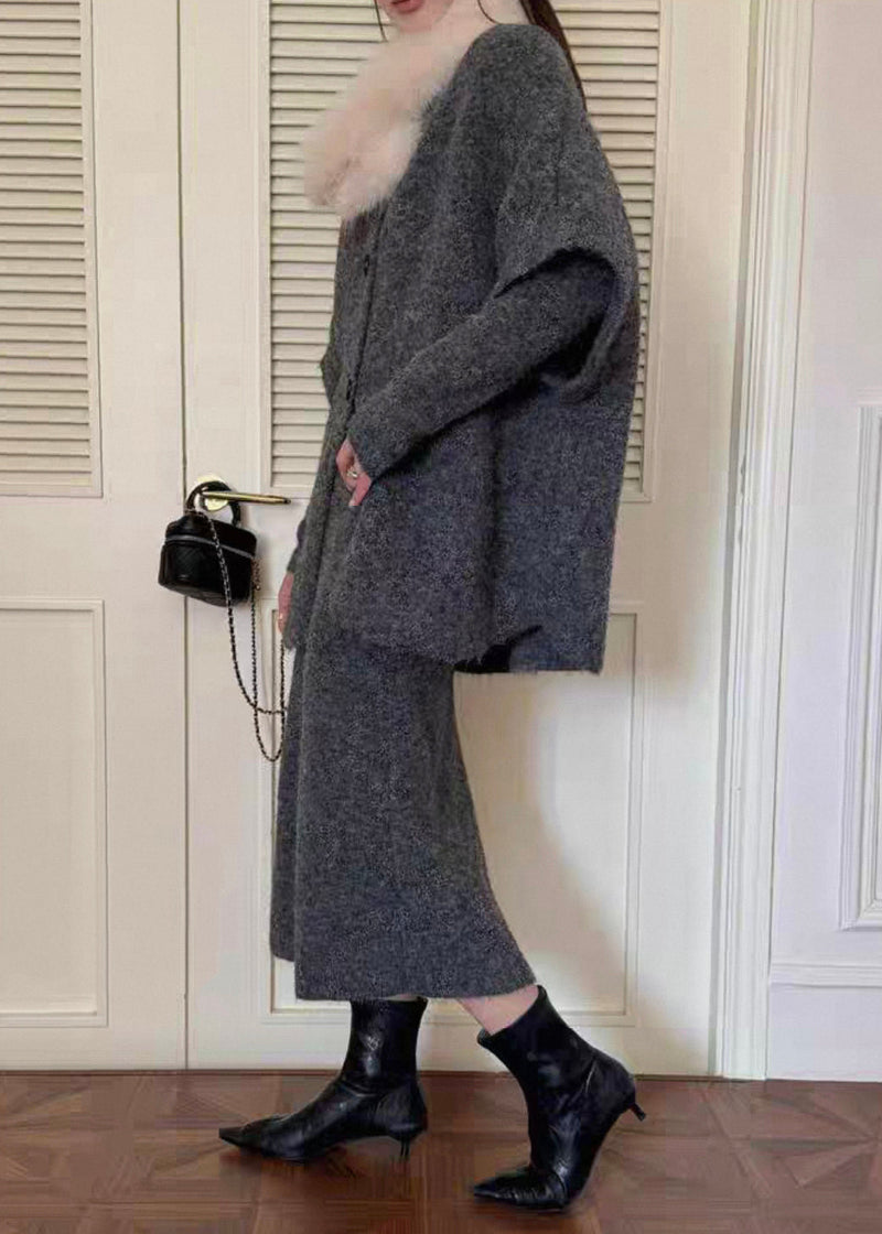 Grey Cozy Knit Three Piece Set Fur Collar Batwing Sleeve