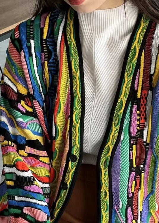Rainbow V Neck Button Cotton Knit Cardigan Long Sleeve