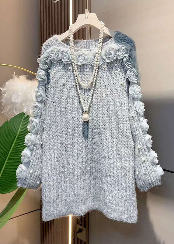French White O Neck Knit Sweater Dress Spring